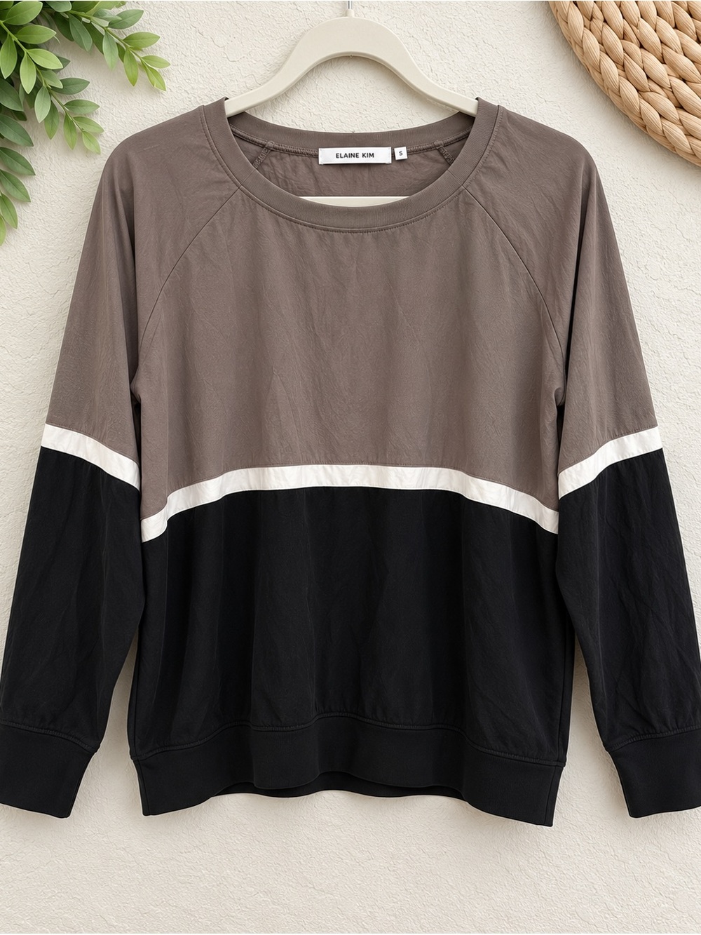 Elaine Kim Colorblock Long Sleeve Pullover Top in Taupe, Black & White a